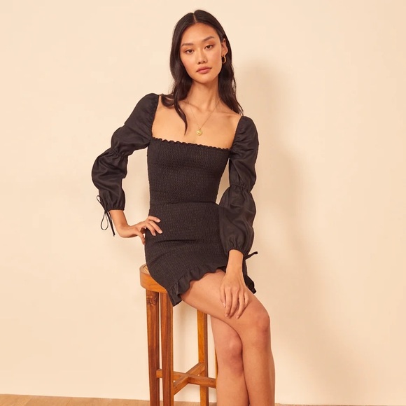 Reformation Hilary Black Smocked Mini Dress Size M - Picture 5 of 16